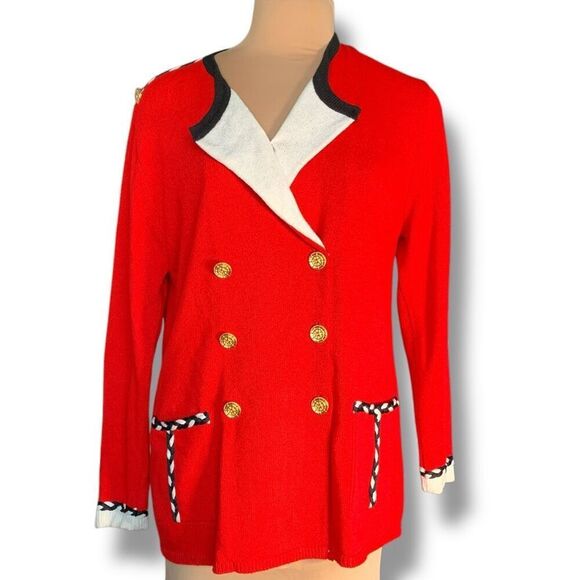 Vintage Red Double-Breasted Knit Cardigan Braided Trim Exaggerated Collar Plus - Picture 11 of 11